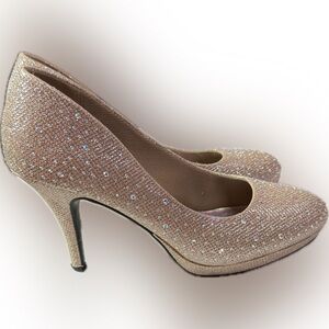 Silver Slipper Mirage Heels 8.5 M Gold Rhinestone Sparkle Platform Pumps 4"